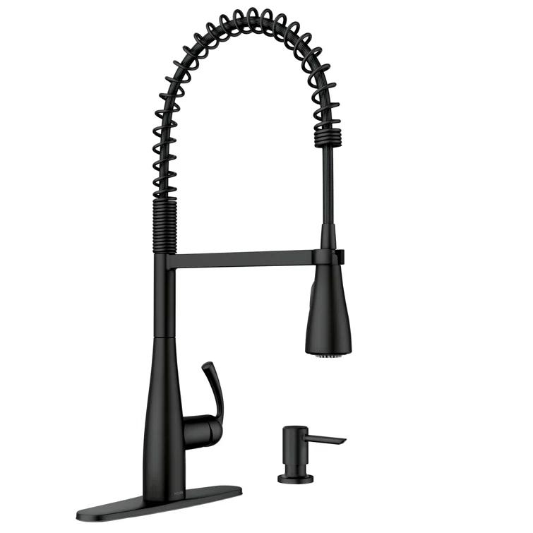 Moen Essie Pre-Rinse Spring Pull Down Single Handle Kitchen Faucet with Power Clean Technology and Soap Dispenser