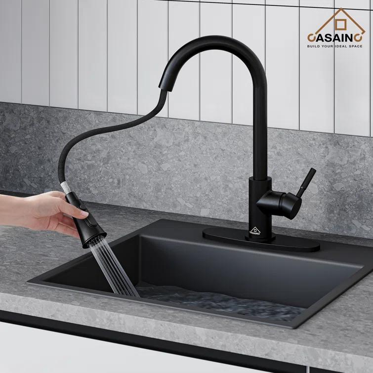 Pull Down Sprayer Kitchen Faucet with Dual-Function Sprayer and Deck Plate in Spot-Free