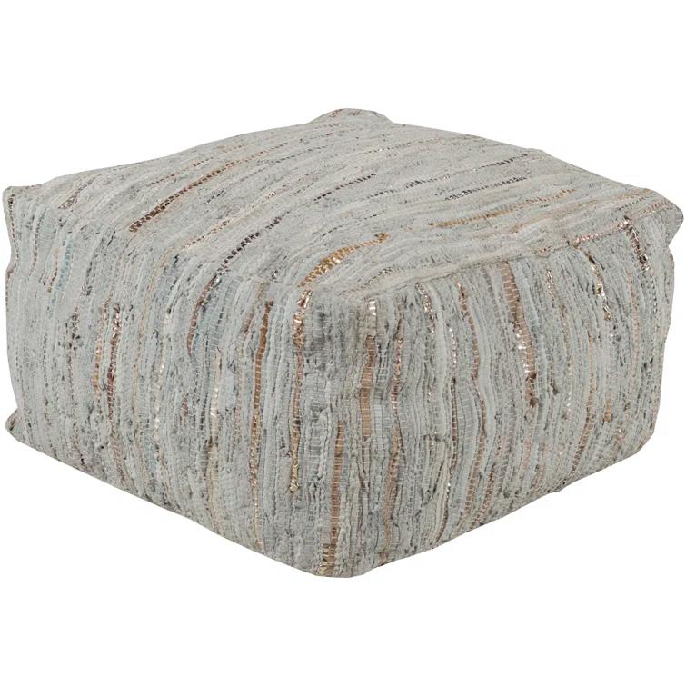 Ivory and Pale Blue Leather Square Pouf with Metallic Accents