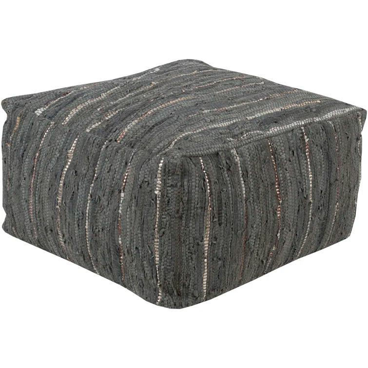 Surya Anthracite 24" Square Leather Pouf in Dark Green and Metallic Silver
