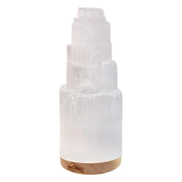 Himalayan Glow Selenite Crystal Lamp 20cm Large, Hand-Curved Crystal Lamp with Wooden Base - White