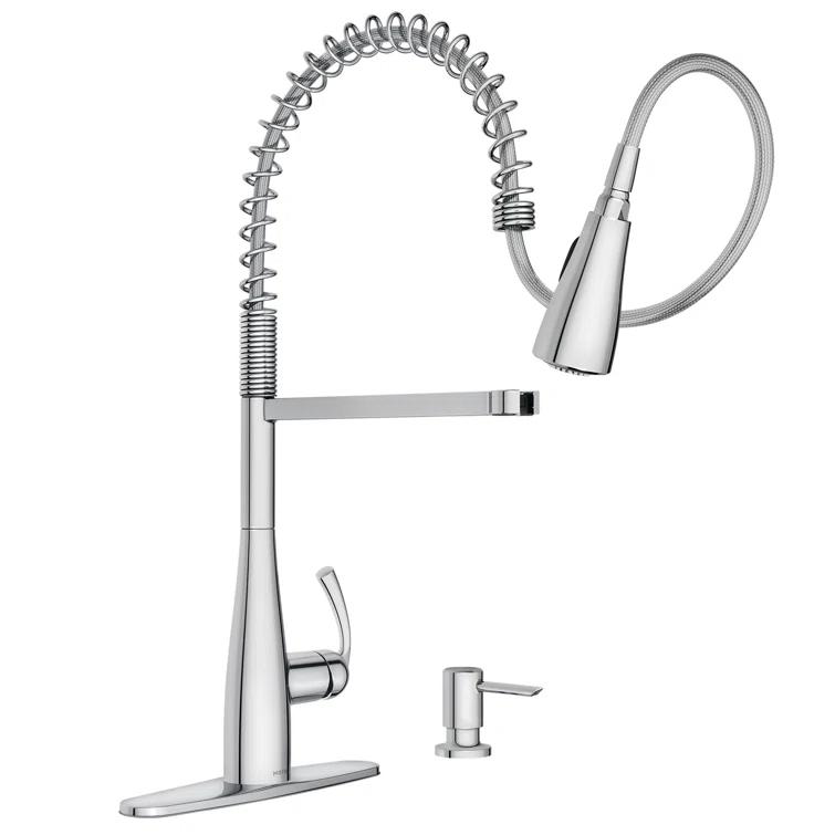 Moen Essie Pre-Rinse Spring Pull Down Single Handle Kitchen Faucet with Power Clean Technology and Soap Dispenser