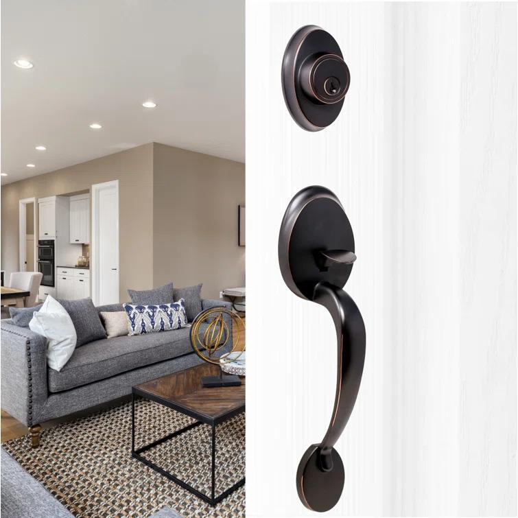 Hillcrest Handleset with Deadbolt and Hudson Door Knob and Premiere Essentials Rosette