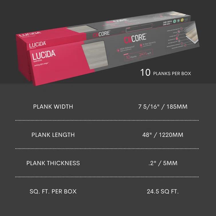 Lucida USA MaxCore Pro 20mil x 7.3" W x 48" L Click Lock Luxury Vinyl Plank Flooring