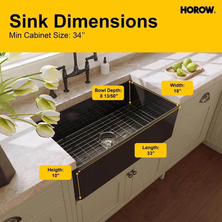 Hadley 33" L x 18" W Fireclay Farmhouse Kitchen Sink with Sink Grid & Basket Strainer
