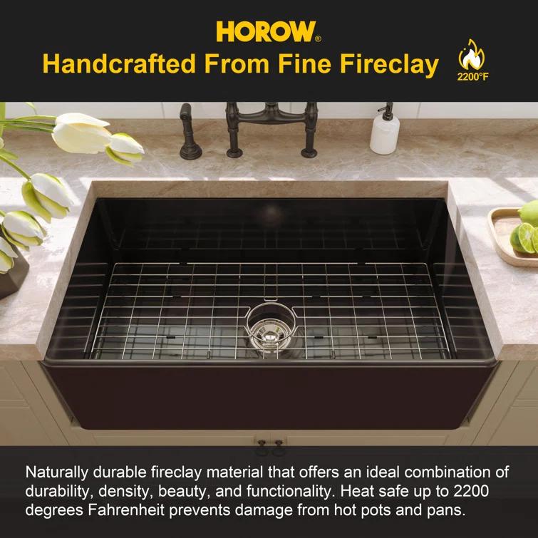 Hadley 33" L x 18" W Fireclay Farmhouse Kitchen Sink with Sink Grid & Basket Strainer