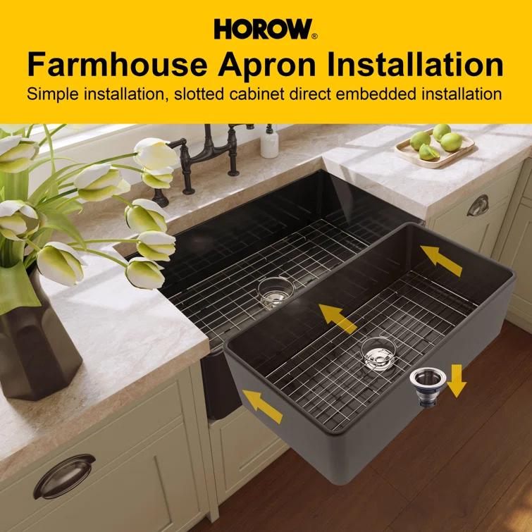 Hadley 33" L x 18" W Fireclay Farmhouse Kitchen Sink with Sink Grid & Basket Strainer