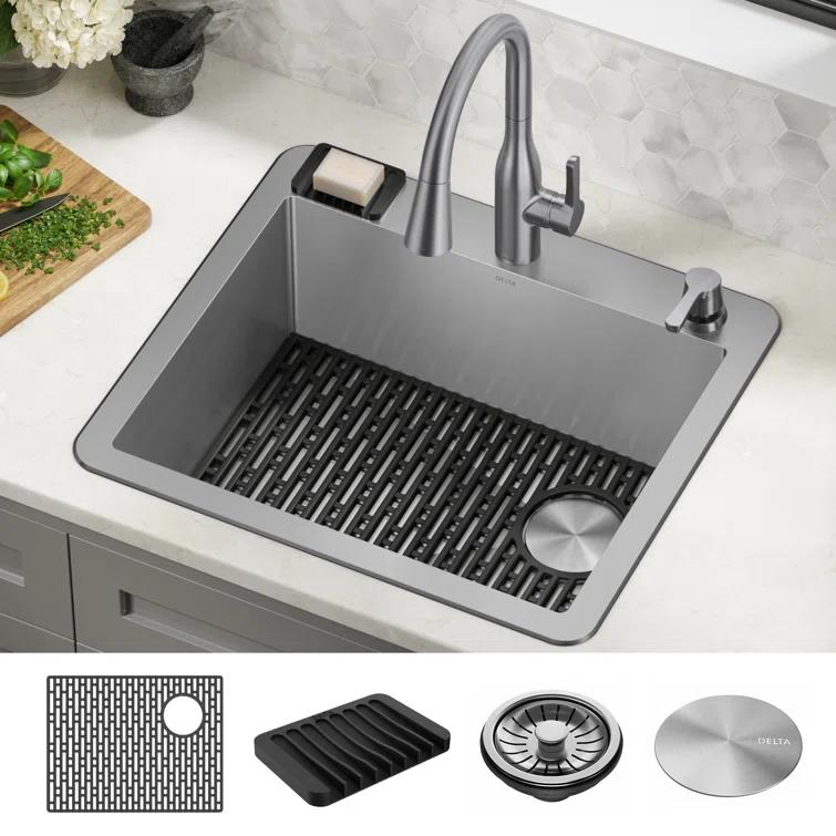 Delta Marca™ Drop-In Undermount Stainless Steel Single Bowl Kitchen Sink with Accessories