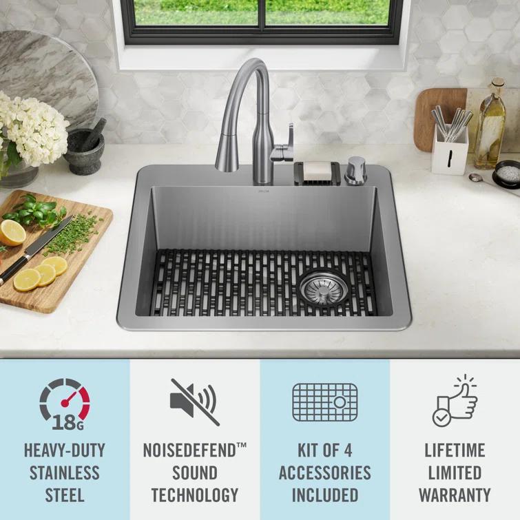 Delta Marca™ Drop-In Undermount Stainless Steel Single Bowl Kitchen Sink with Accessories
