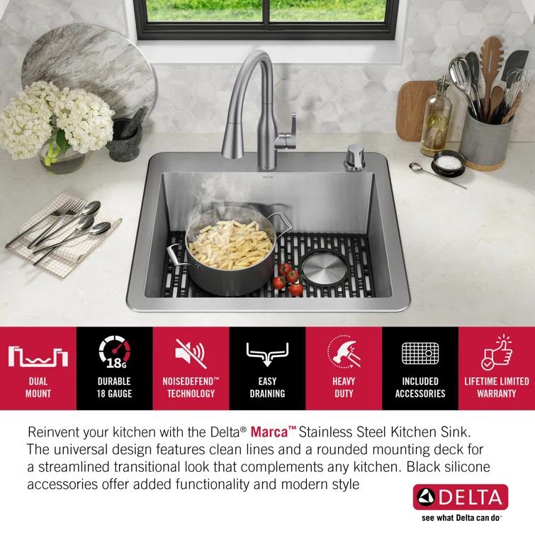 Delta Marca™ Drop-In Undermount Stainless Steel Single Bowl Kitchen Sink with Accessories