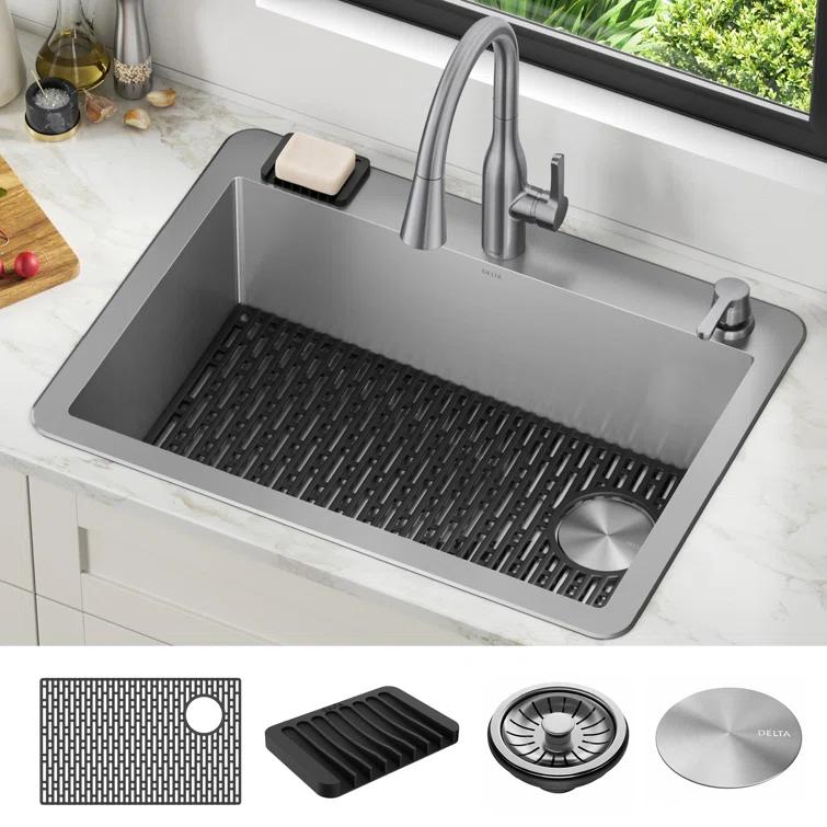Delta Marca™ Drop-In Undermount Stainless Steel Single Bowl Kitchen Sink with Accessories
