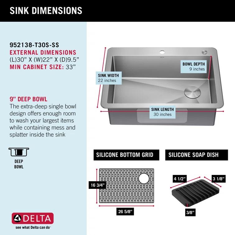 Delta Marca™ Drop-In Undermount Stainless Steel Single Bowl Kitchen Sink with Accessories