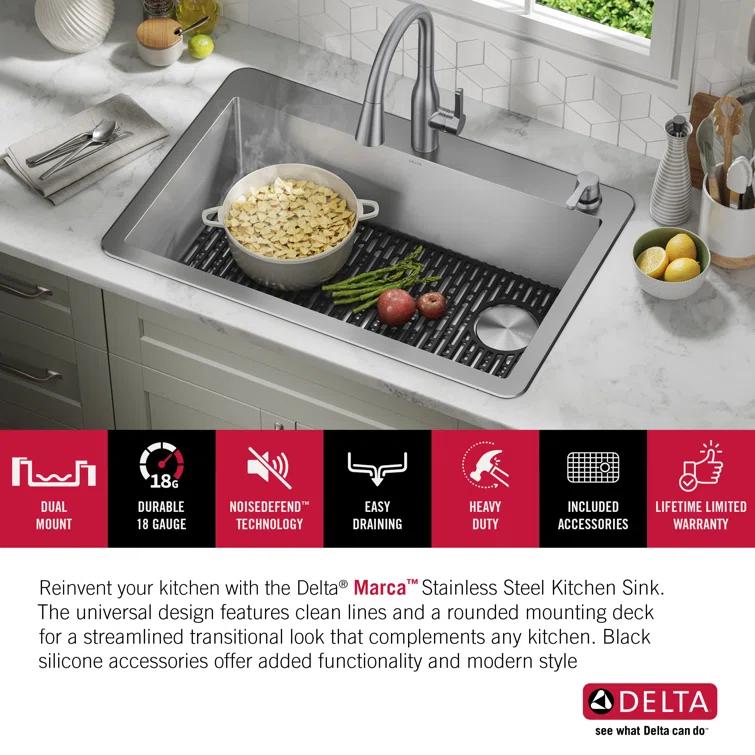 Delta Marca™ Drop-In Undermount Stainless Steel Single Bowl Kitchen Sink with Accessories