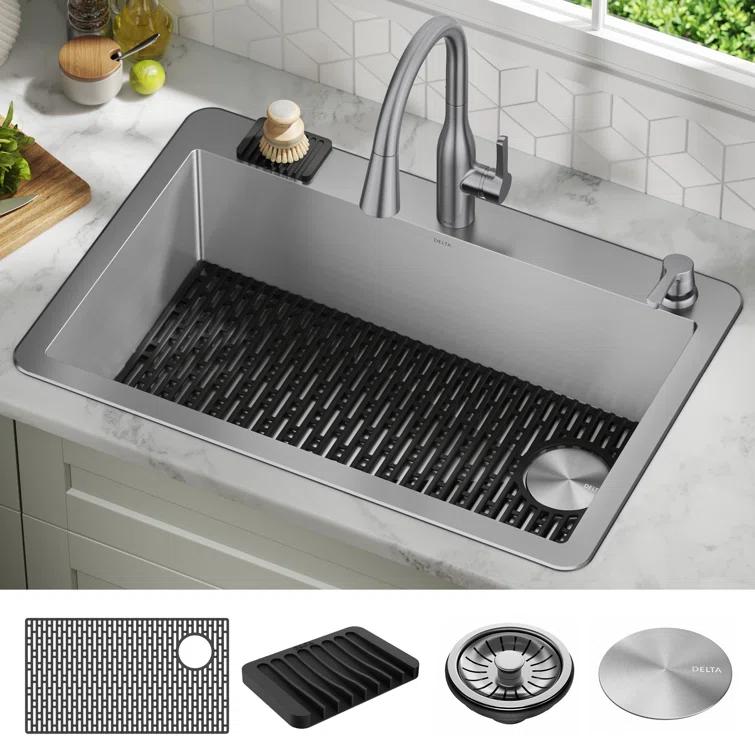 Delta Marca™ Drop-In Undermount Stainless Steel Single Bowl Kitchen Sink with Accessories