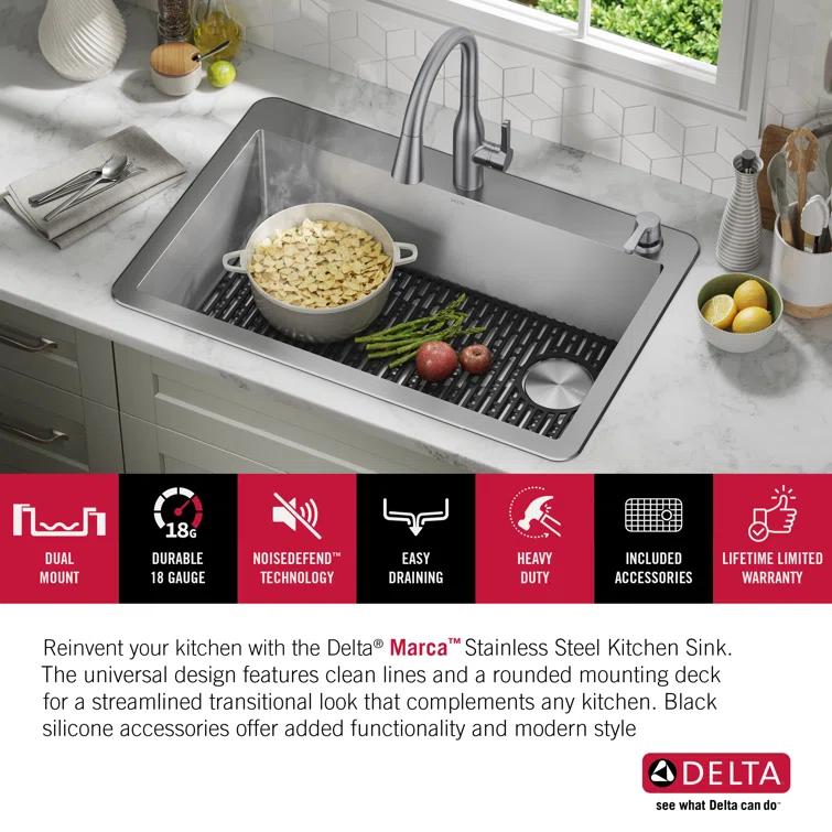 Delta Marca™ Drop-In Undermount Stainless Steel Single Bowl Kitchen Sink with Accessories