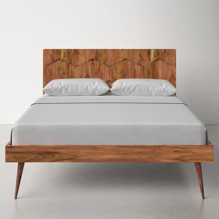 Deluxe Mid-Century Modern Sheesham Wood Queen Platform Bed with Storage