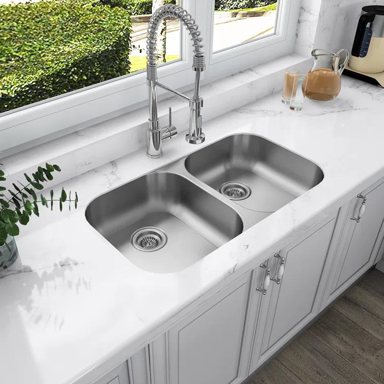 Sinber 32" x 18" Undermount Double Bowl Kitchen Sink with 18 Gauge 304 Stainless Steel Satin Finish