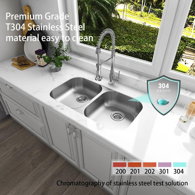 Sinber 32" x 18" Undermount Double Bowl Kitchen Sink with 18 Gauge 304 Stainless Steel Satin Finish