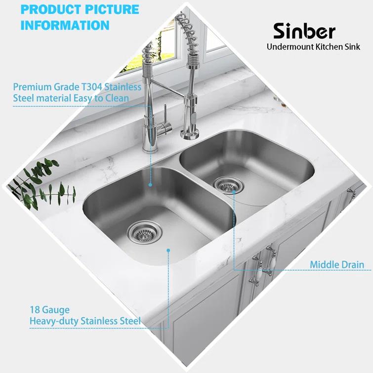 Sinber 32" x 18" Undermount Double Bowl Kitchen Sink with 18 Gauge 304 Stainless Steel Satin Finish