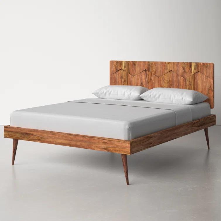 Deluxe Mid-Century Modern Sheesham Wood Queen Platform Bed with Storage