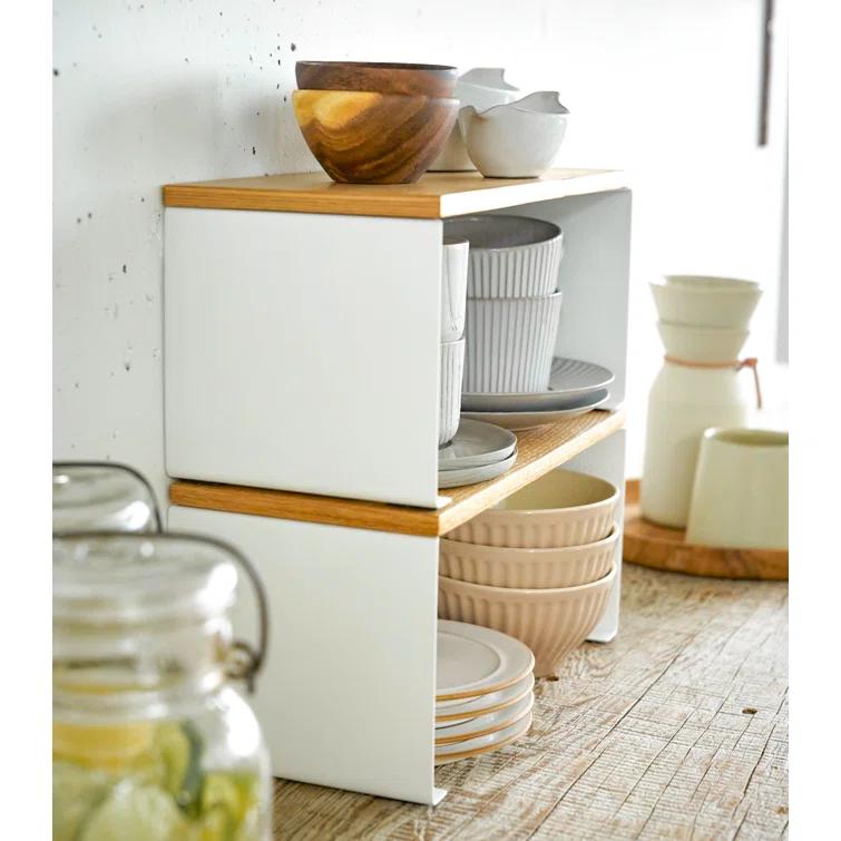 Tosca Yamazaki Home Wood-Top Stackable Kitchen Rack, Modern Counter Shelf Organizer