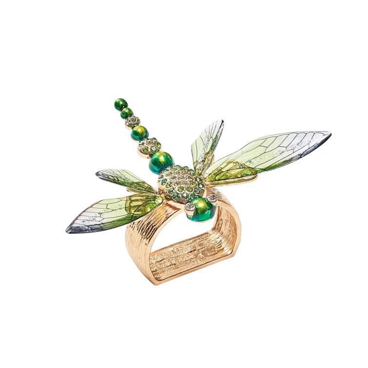 Green Dragonfly Napkin Rings with Rhinestones, Set of 4