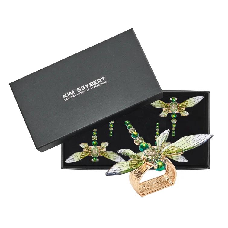 Green Dragonfly Napkin Rings with Rhinestones, Set of 4