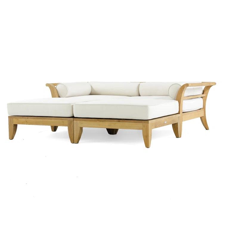 Reversible Brown Teak Outdoor Daybed with Off-White Cushions