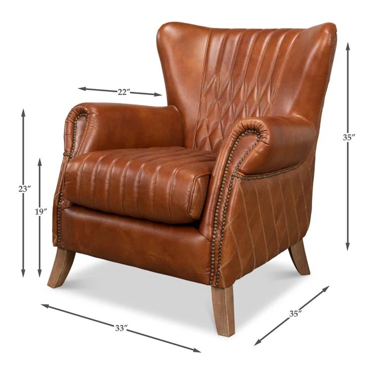 Transitional Bugatti Brown Leather & Wood Wingback Arm Chair