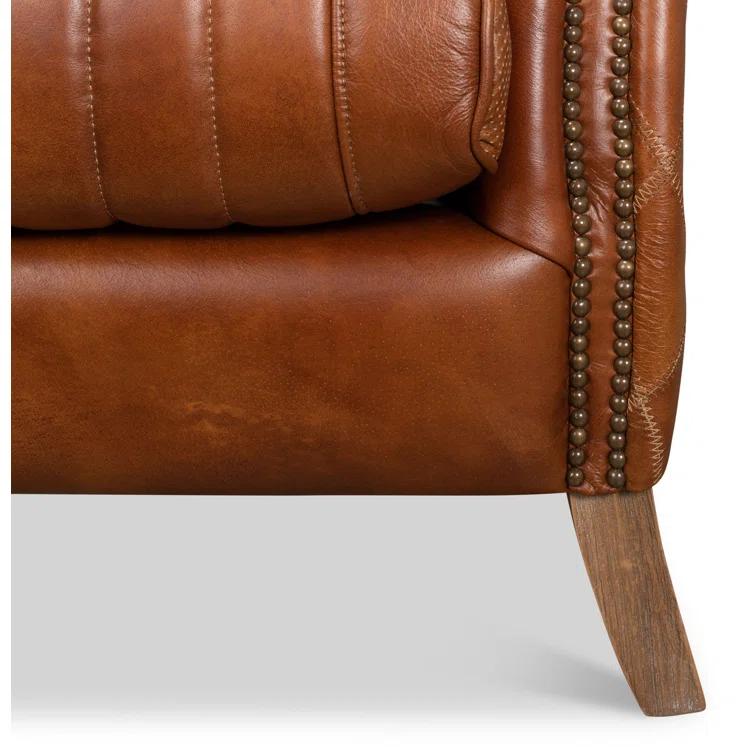 Transitional Bugatti Brown Leather & Wood Wingback Arm Chair