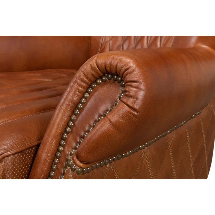 Transitional Bugatti Brown Leather & Wood Wingback Arm Chair