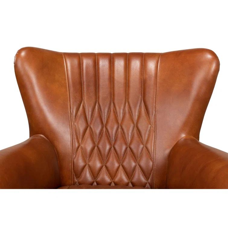 Transitional Bugatti Brown Leather & Wood Wingback Arm Chair