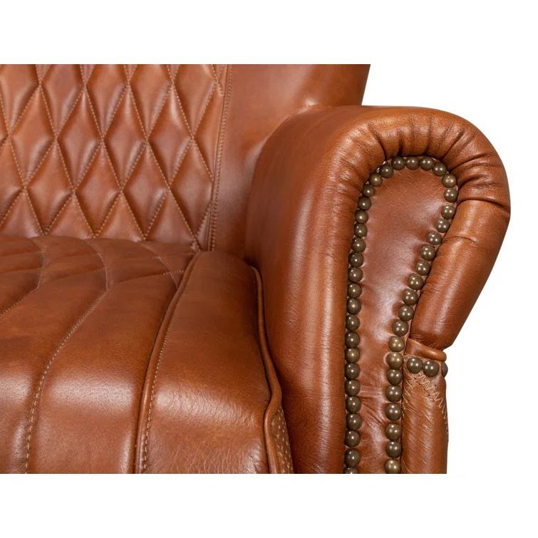 Transitional Bugatti Brown Leather & Wood Wingback Arm Chair