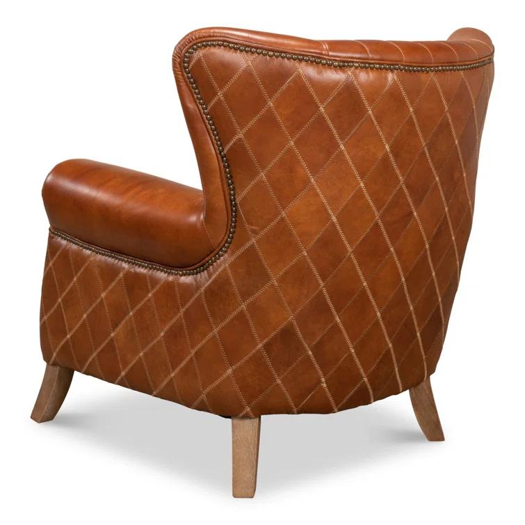 Transitional Bugatti Brown Leather & Wood Wingback Arm Chair