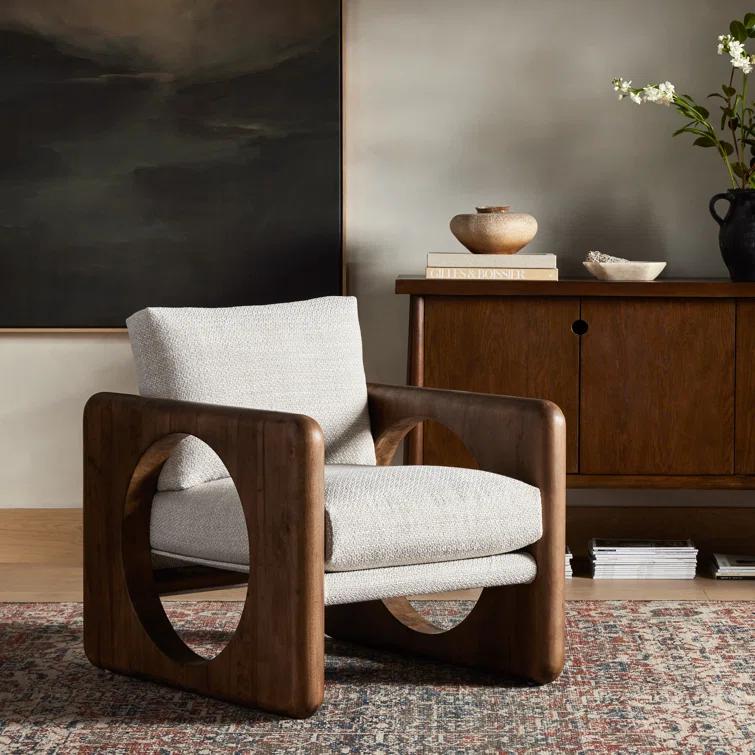 Modern White Leather and Wood Armchair