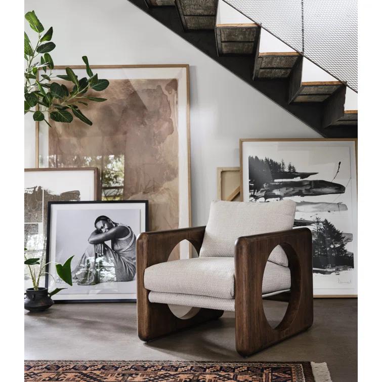 Modern White Leather and Wood Armchair