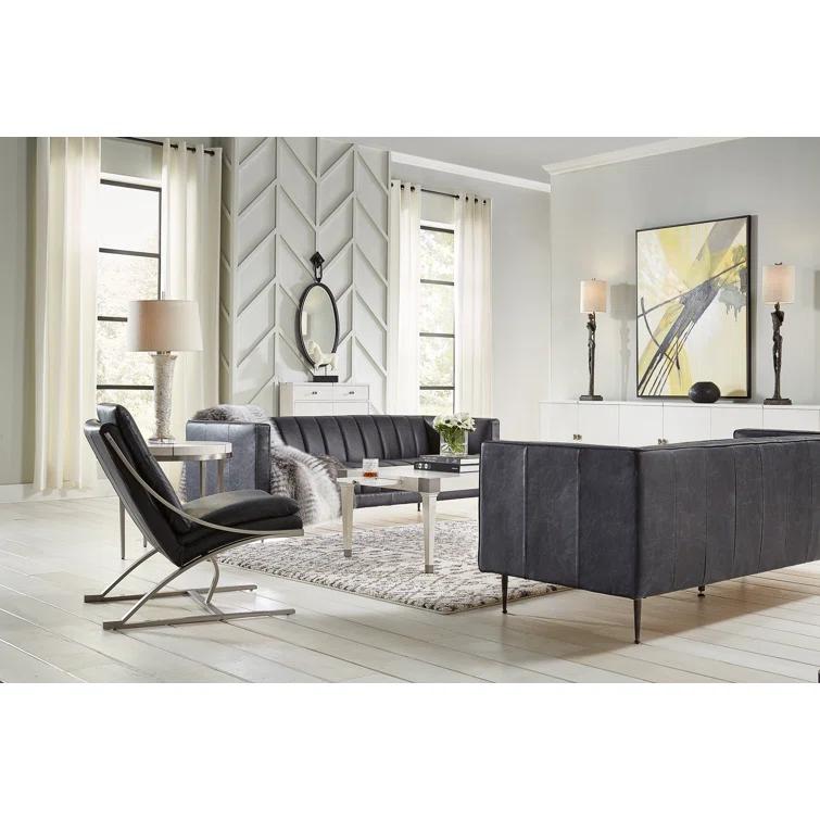 Lexington Gray Tufted Leather Stationary Sofa