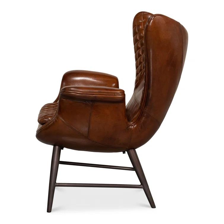 Contemporary Quilted Genuine Leather Balloon Arm Chair in Rich Brown
