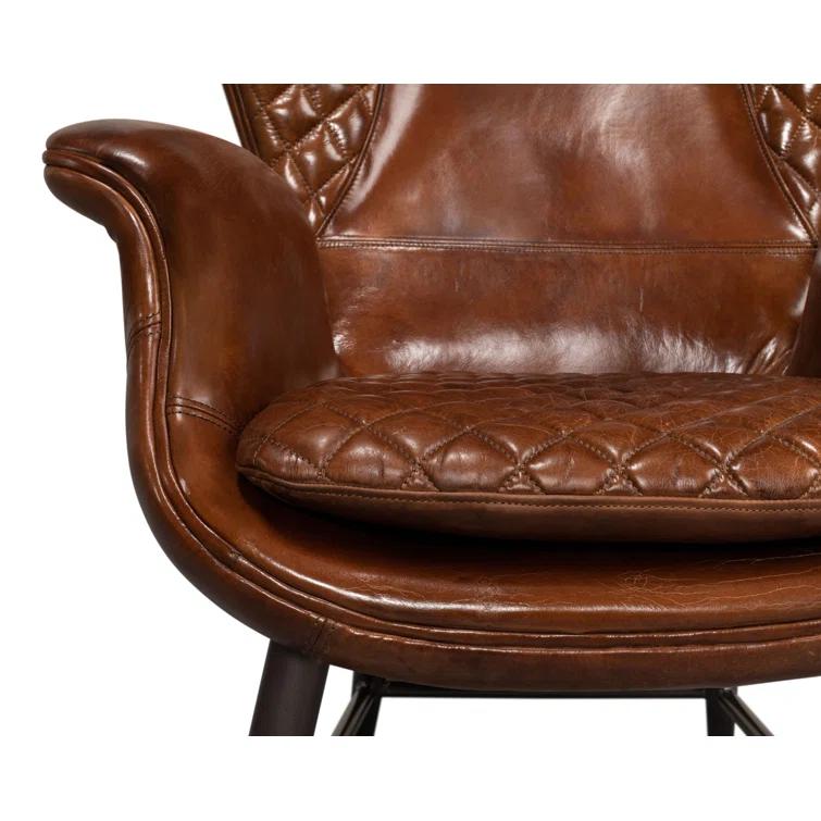 Contemporary Quilted Genuine Leather Balloon Arm Chair in Rich Brown