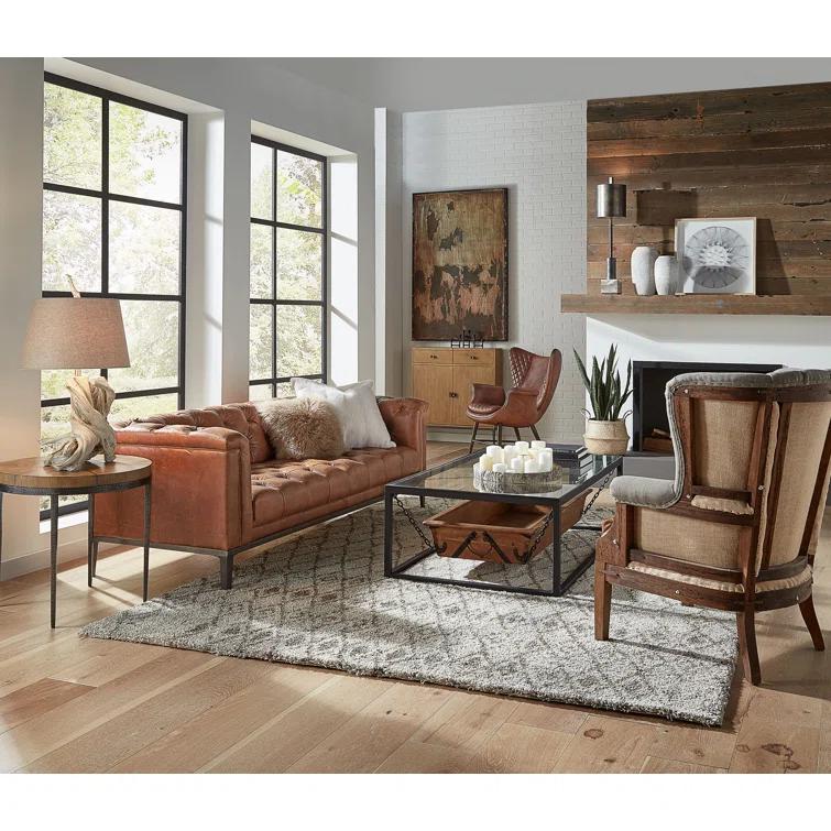 Contemporary Quilted Genuine Leather Balloon Arm Chair in Rich Brown