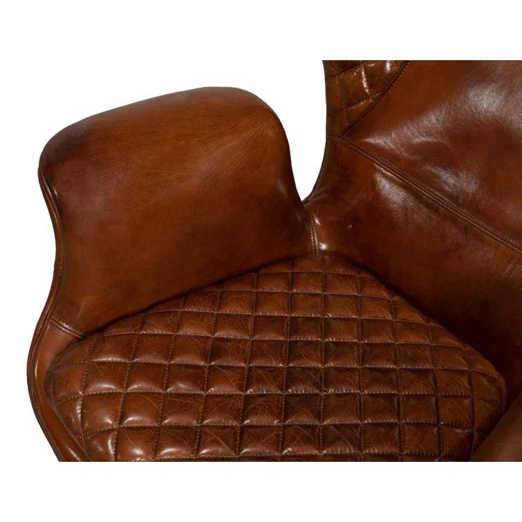 Contemporary Quilted Genuine Leather Balloon Arm Chair in Rich Brown
