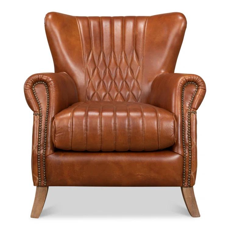 Transitional Bugatti Brown Leather & Wood Wingback Arm Chair