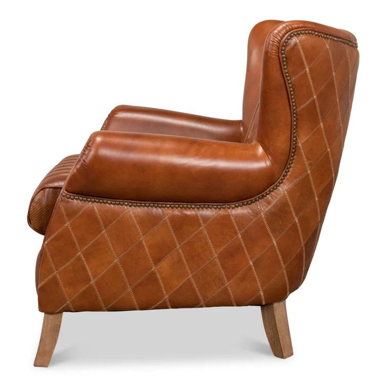 Transitional Bugatti Brown Leather & Wood Wingback Arm Chair