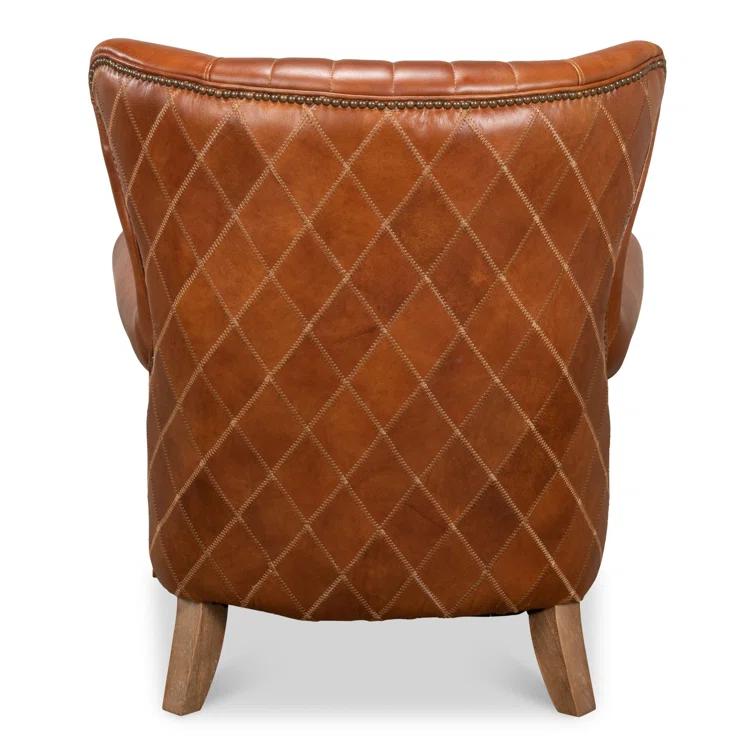 Transitional Bugatti Brown Leather & Wood Wingback Arm Chair