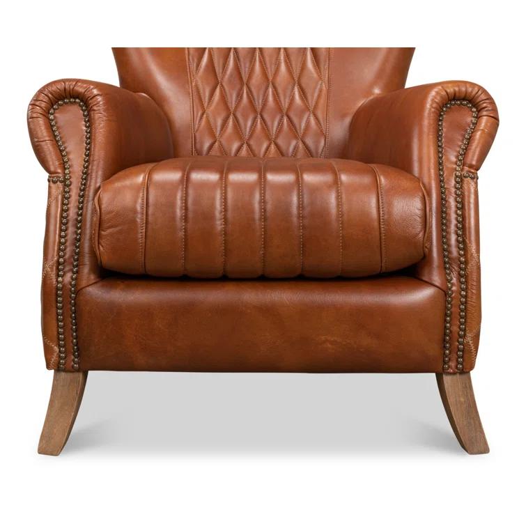 Transitional Bugatti Brown Leather & Wood Wingback Arm Chair