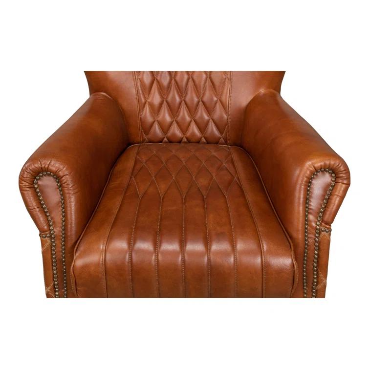 Transitional Bugatti Brown Leather & Wood Wingback Arm Chair