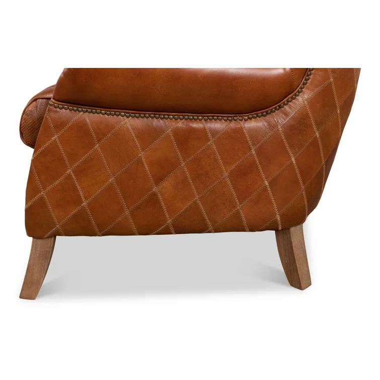 Transitional Bugatti Brown Leather & Wood Wingback Arm Chair