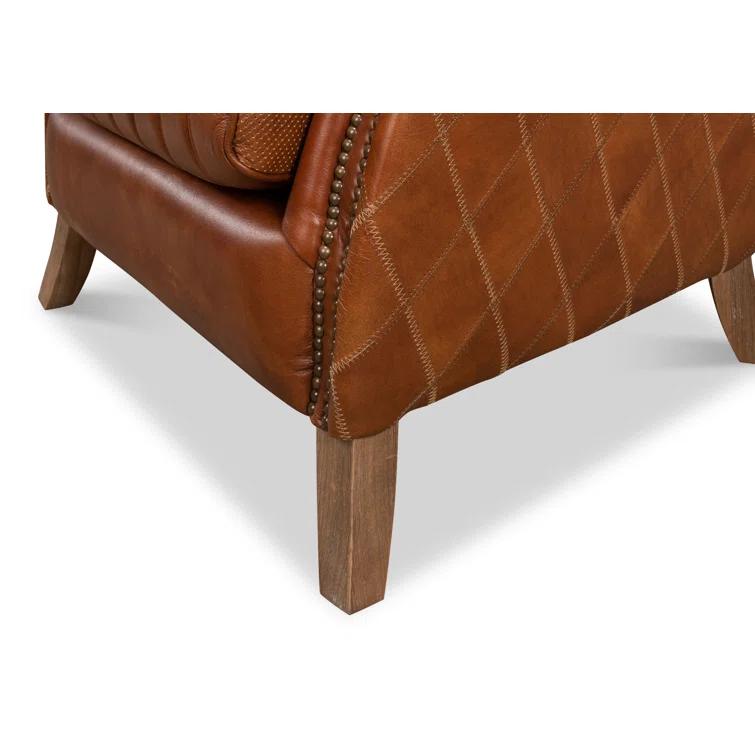 Transitional Bugatti Brown Leather & Wood Wingback Arm Chair