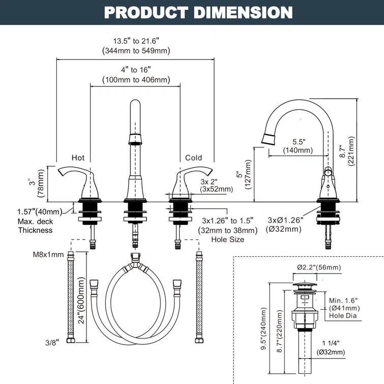 Widespread Bathroom Faucet with Drain Assembly