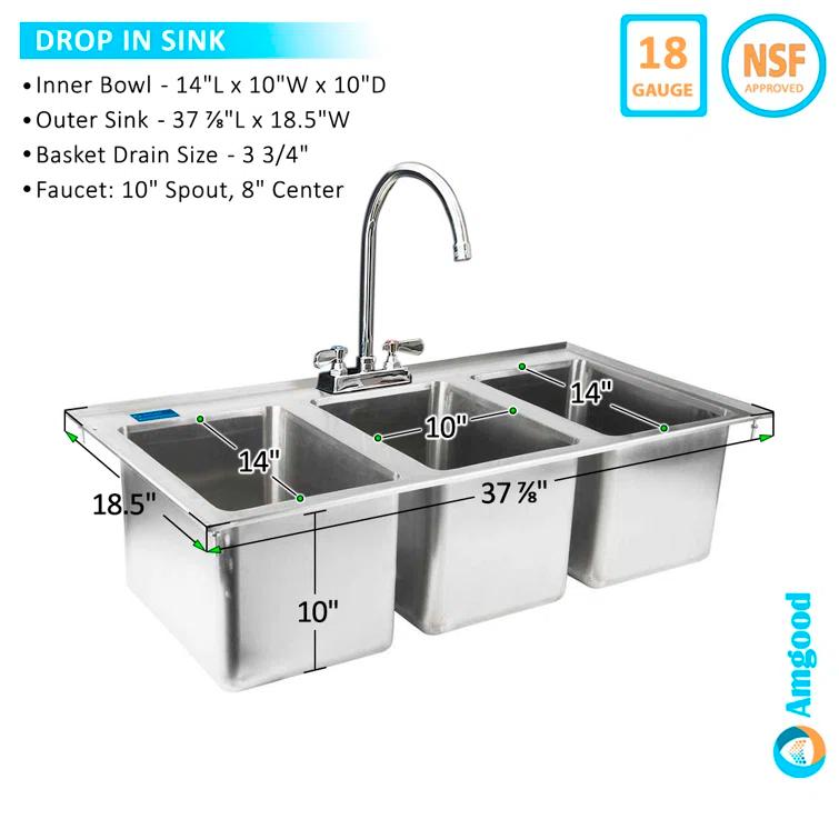 37" L x 18" W Stainless Steel 3 Compartment Drop in Sink